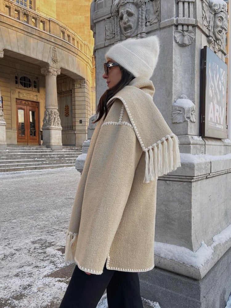 Women's Wrap Coat with Scarf Detail and Fringe Trim 14