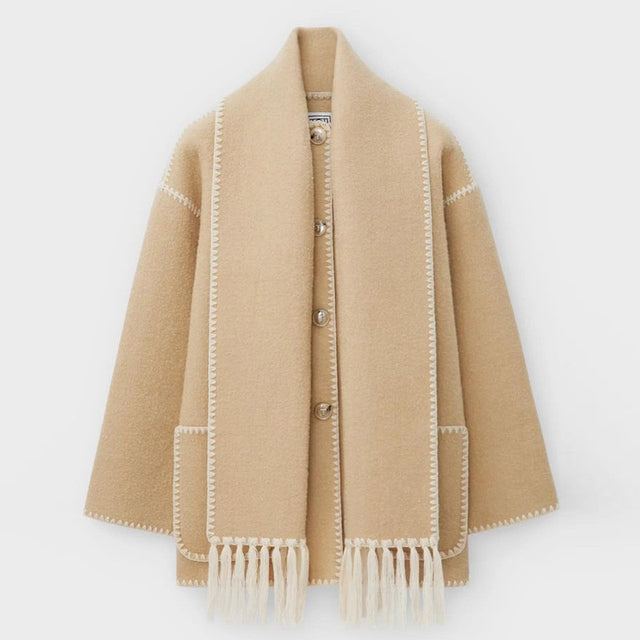 Women's Wrap Coat with Scarf Detail and Fringe Trim 1