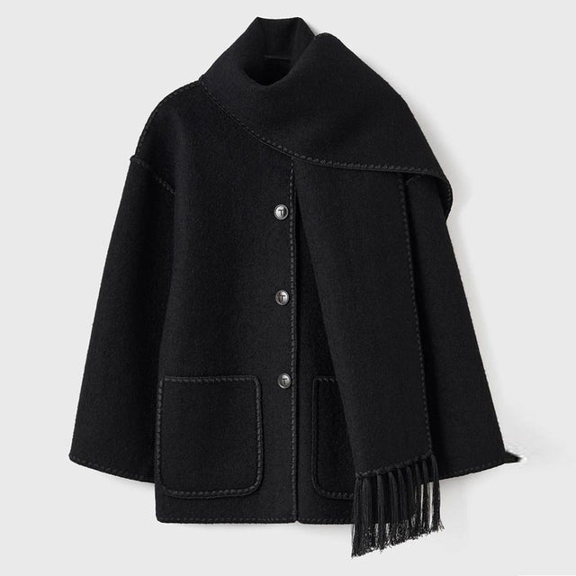 Women's Wrap Coat with Scarf Detail and Fringe Trim 2