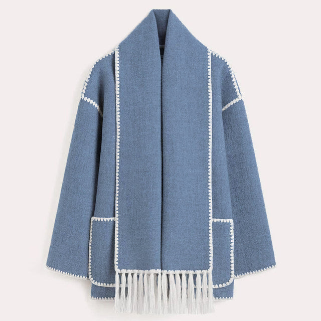 Women's Wrap Coat with Scarf Detail and Fringe Trim 6