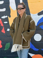 Women's Wrap Coat with Scarf Detail and Fringe Trim 8