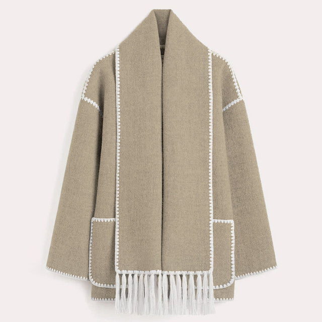 Women's Wrap Coat with Scarf Detail and Fringe Trim 5