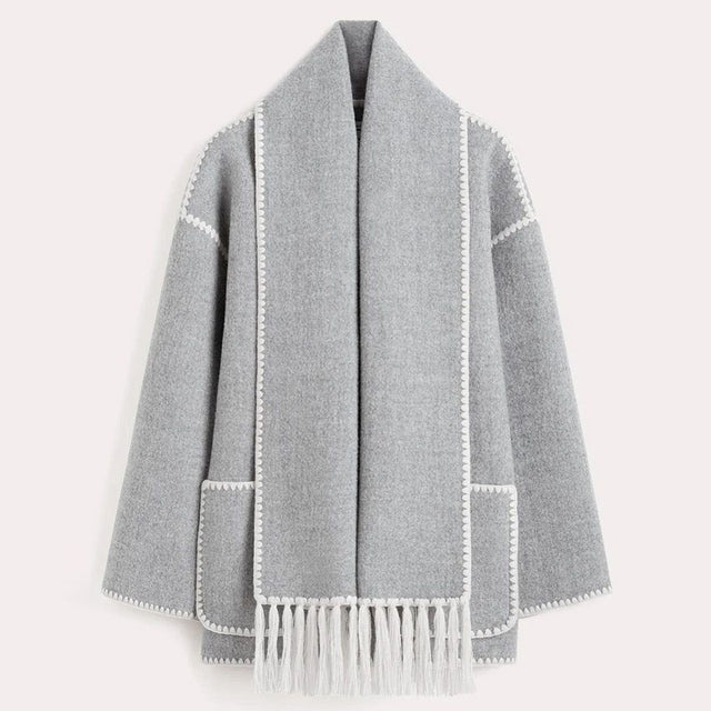 Women's Wrap Coat with Scarf Detail and Fringe Trim 3