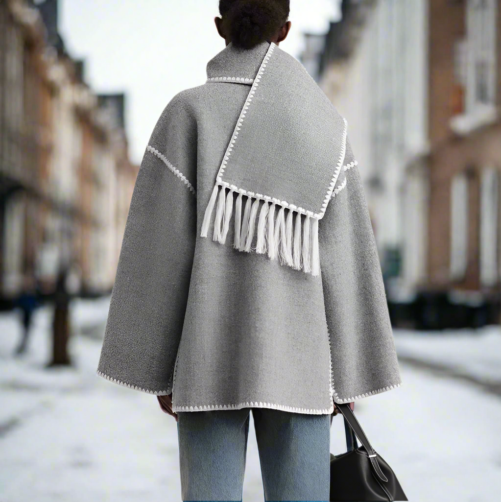 Women's Shawl Collar Coat with Button Front and Fringe Trim 7