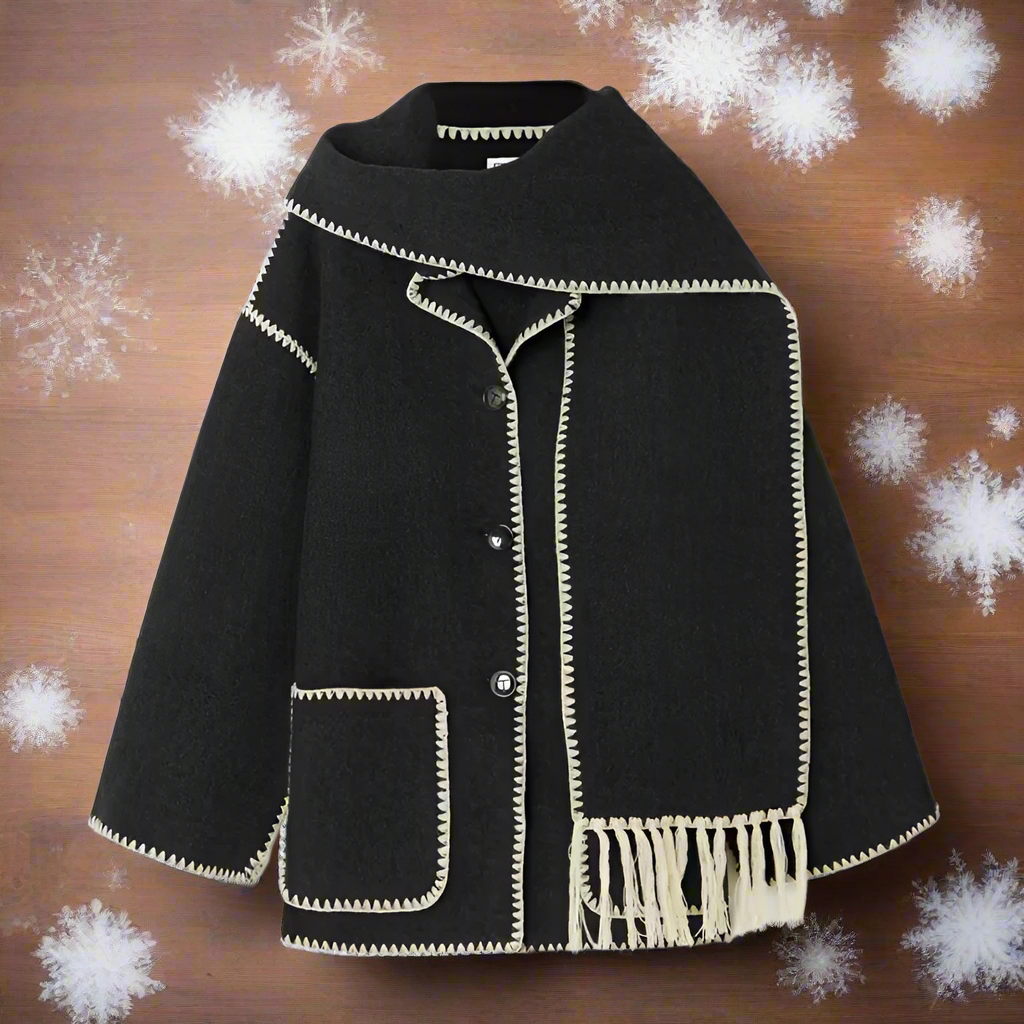Women's Shawl Collar Coat with Button Front and Fringe Trim 1