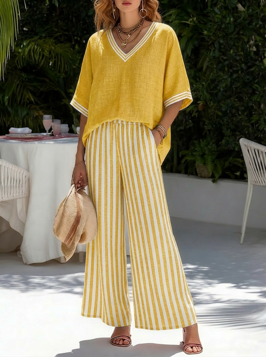 Rebecca | Stylish V-Neck and Stripe Pants Set 4