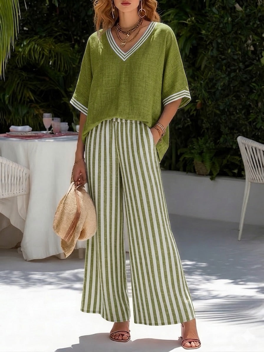 Rebecca | Stylish V-Neck and Stripe Pants Set 5