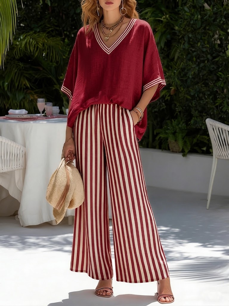 Rebecca | Stylish V-Neck and Stripe Pants Set 1
