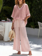 Rebecca | Stylish V-Neck and Stripe Pants Set 2