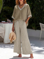 Rebecca | Stylish V-Neck and Stripe Pants Set 7