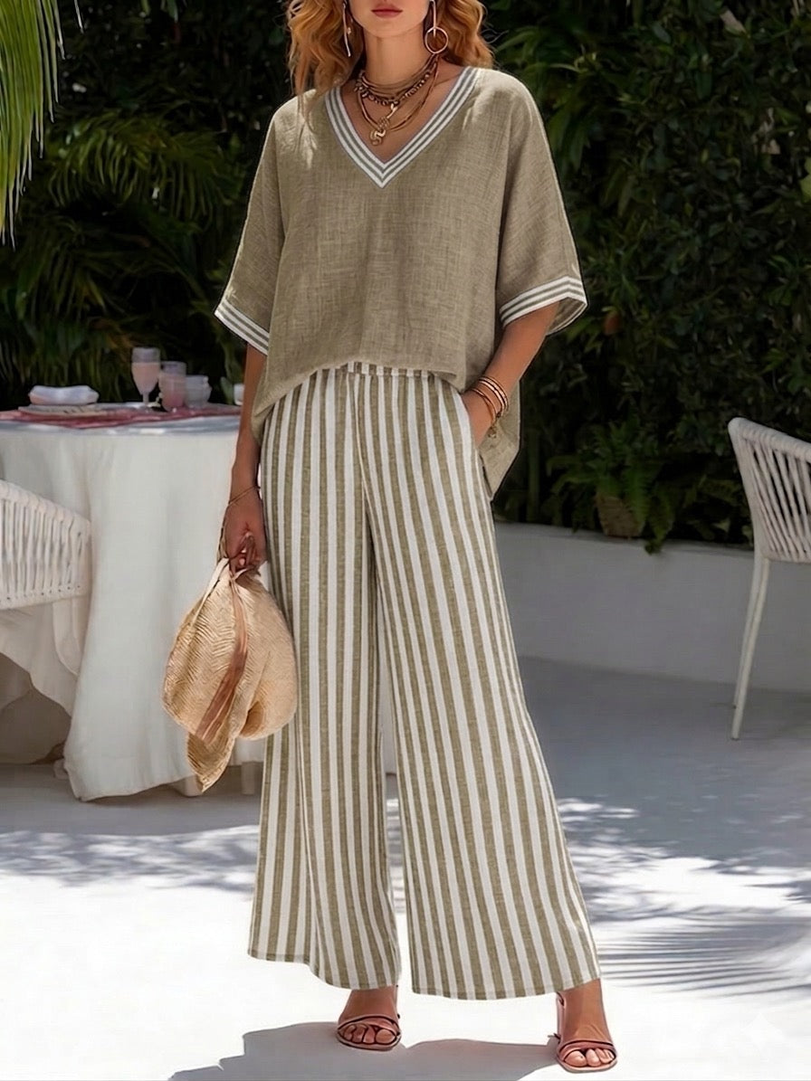 Rebecca | Stylish V-Neck and Stripe Pants Set 7