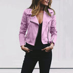 Women's Biker Jacket with Lapel Collar and Zip Front 2