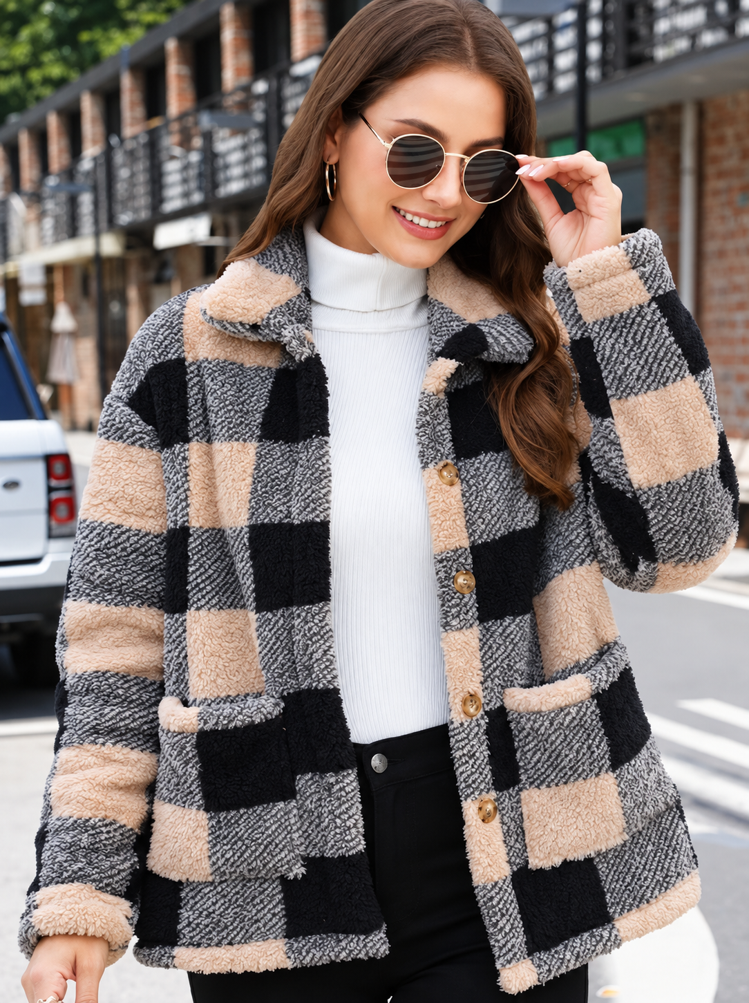 Ravellu women’s checked teddy jacket — Beige Check front