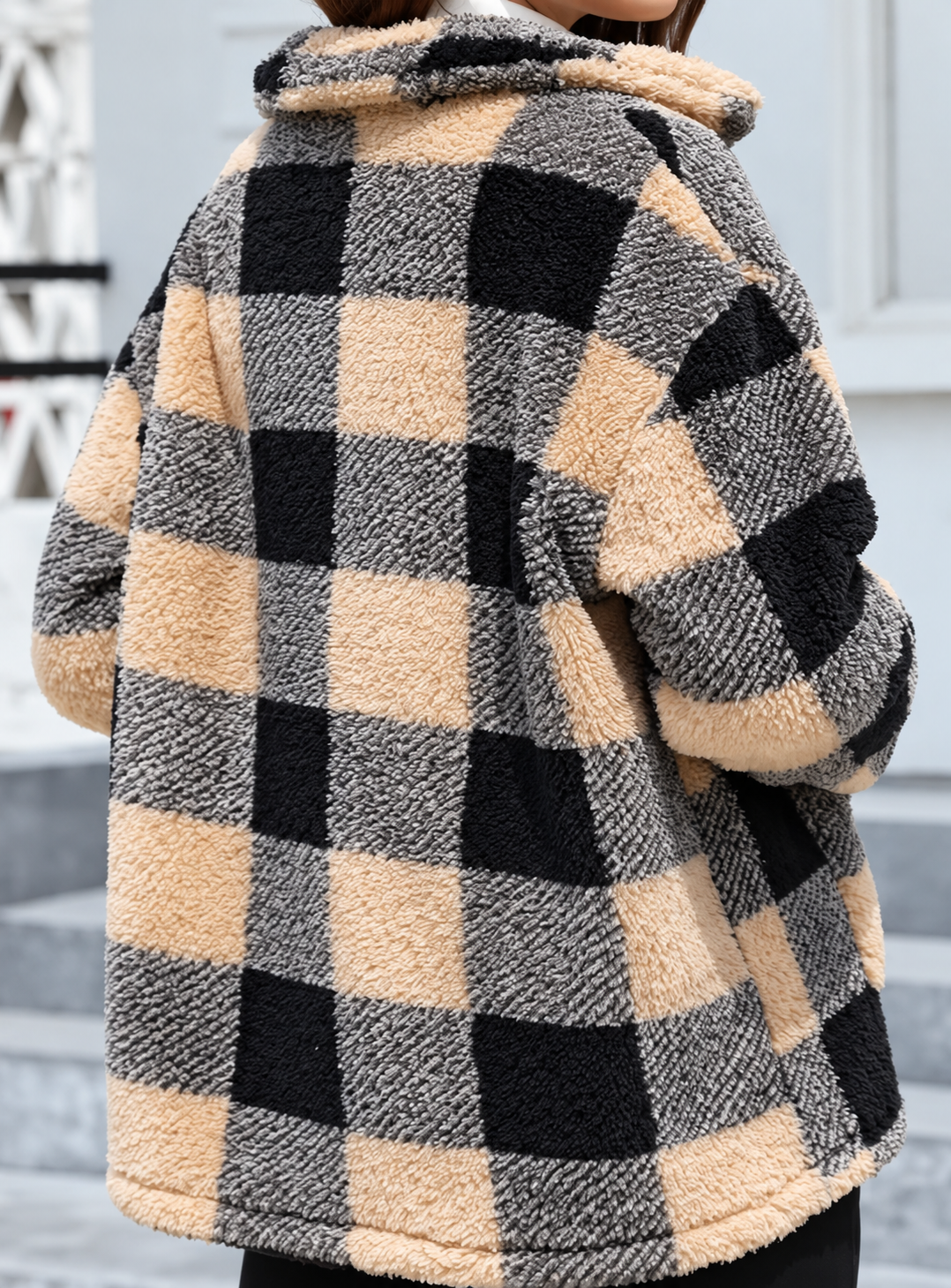 Ravellu women’s checked teddy jacket — Beige Check back