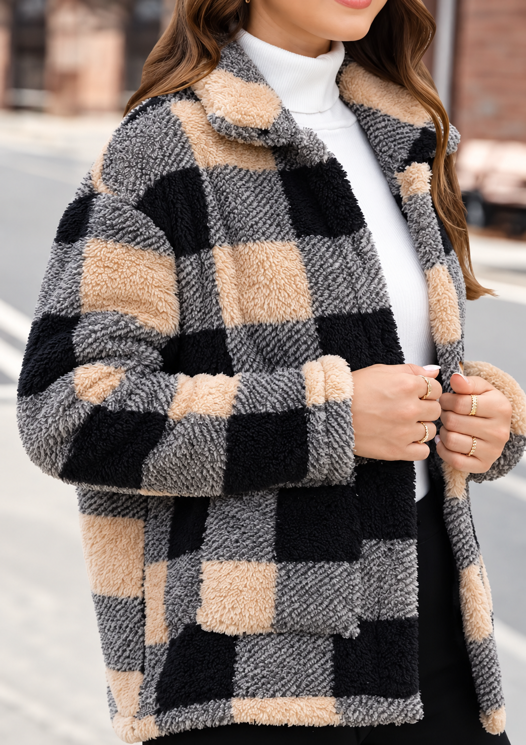 Ravellu women’s checked teddy jacket — Beige Check detail