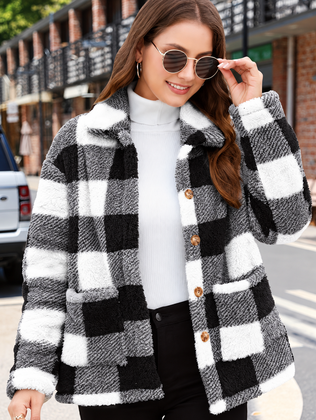 Ravellu women’s checked teddy jacket — White Check front