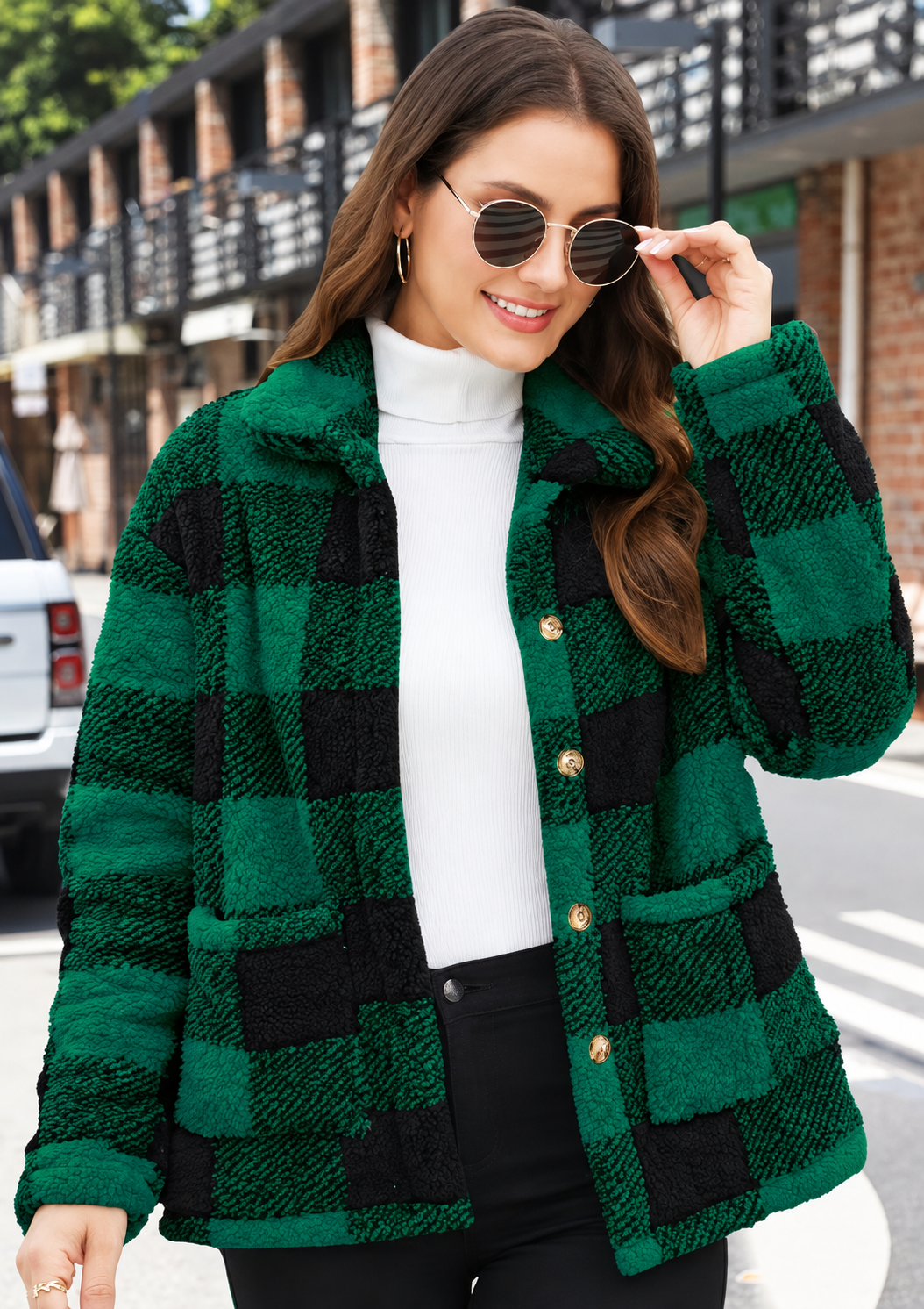 Ravellu women’s checked teddy jacket — Green Check front
