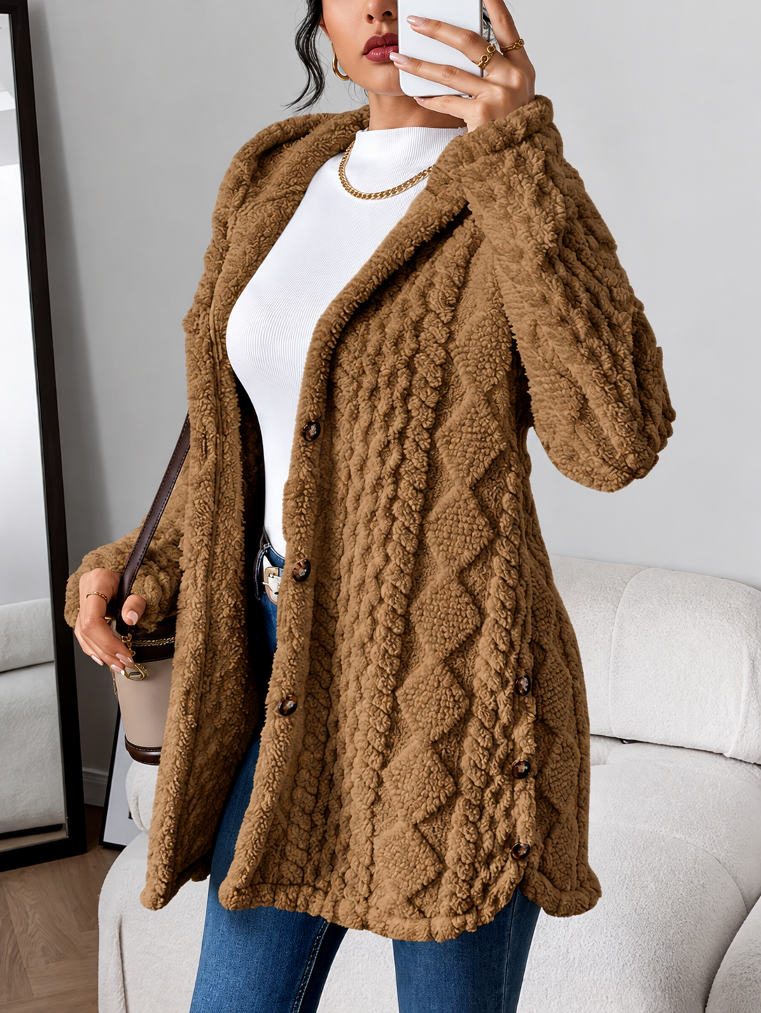 Ravellu women’s hooded textured plush coat — Brown front