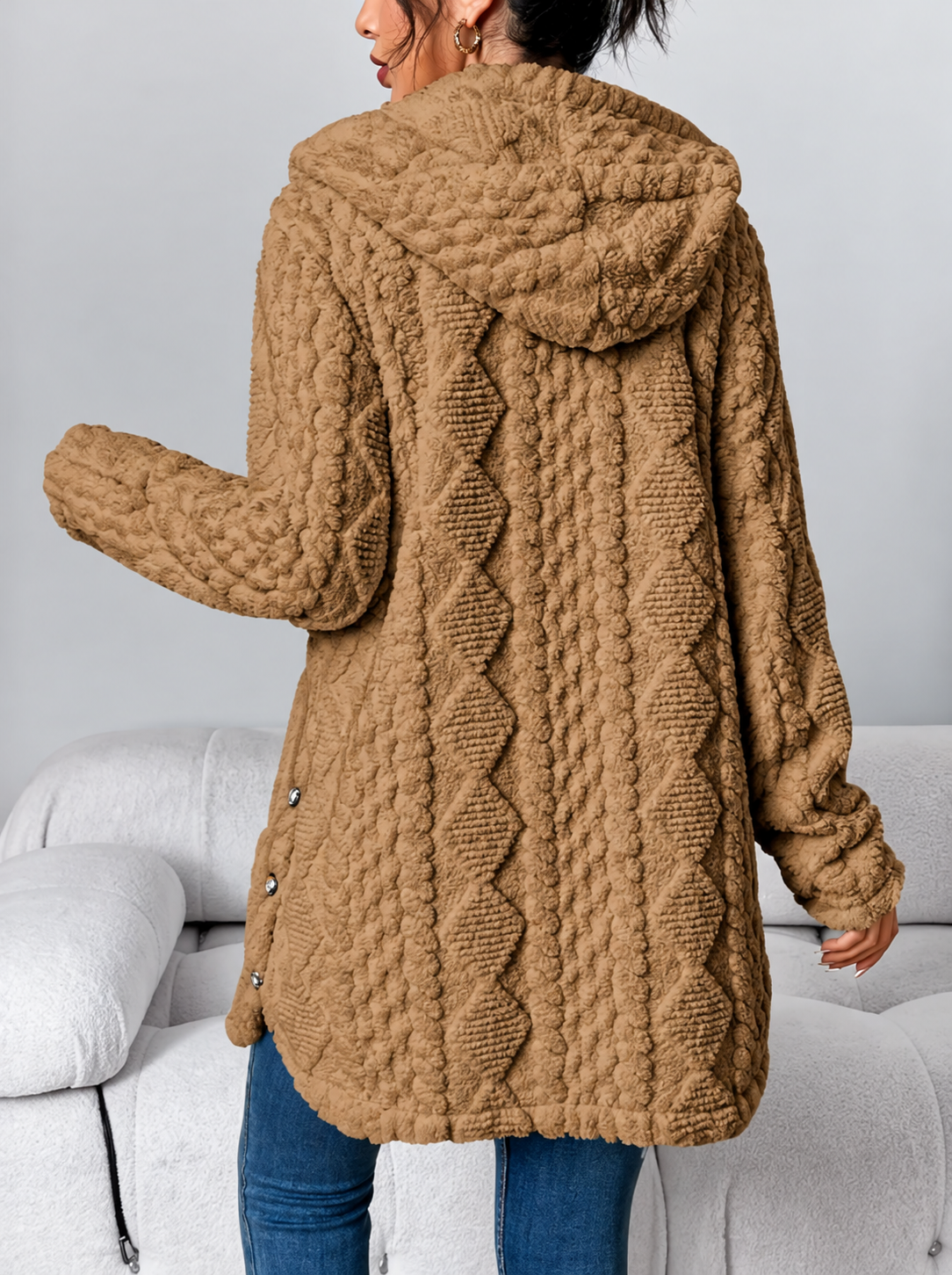 Ravellu women’s hooded textured plush coat — Brown back