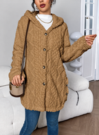 Ravellu women’s hooded textured plush coat — Brown buttoned front