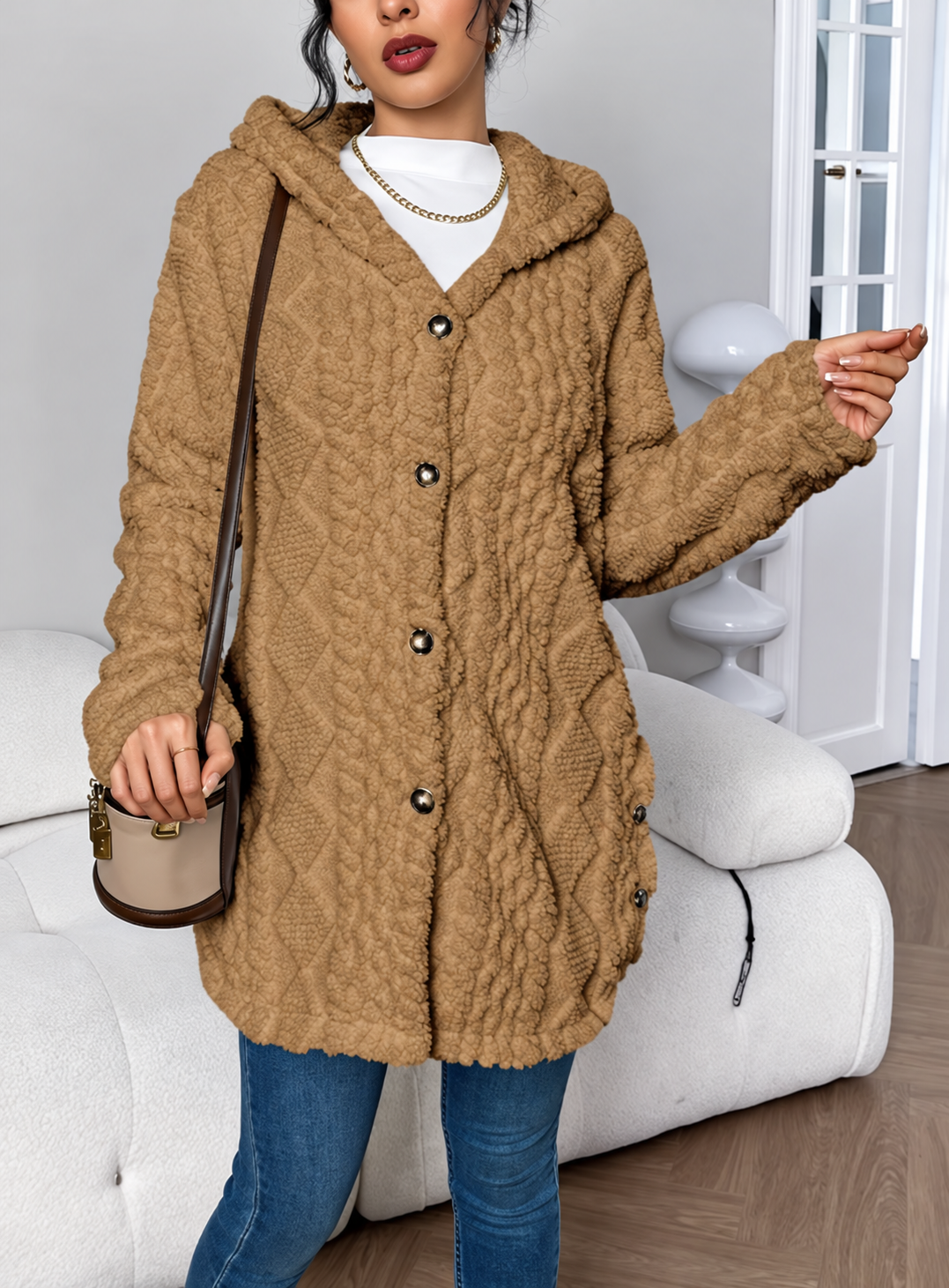 Ravellu women’s hooded textured plush coat — Brown buttoned front