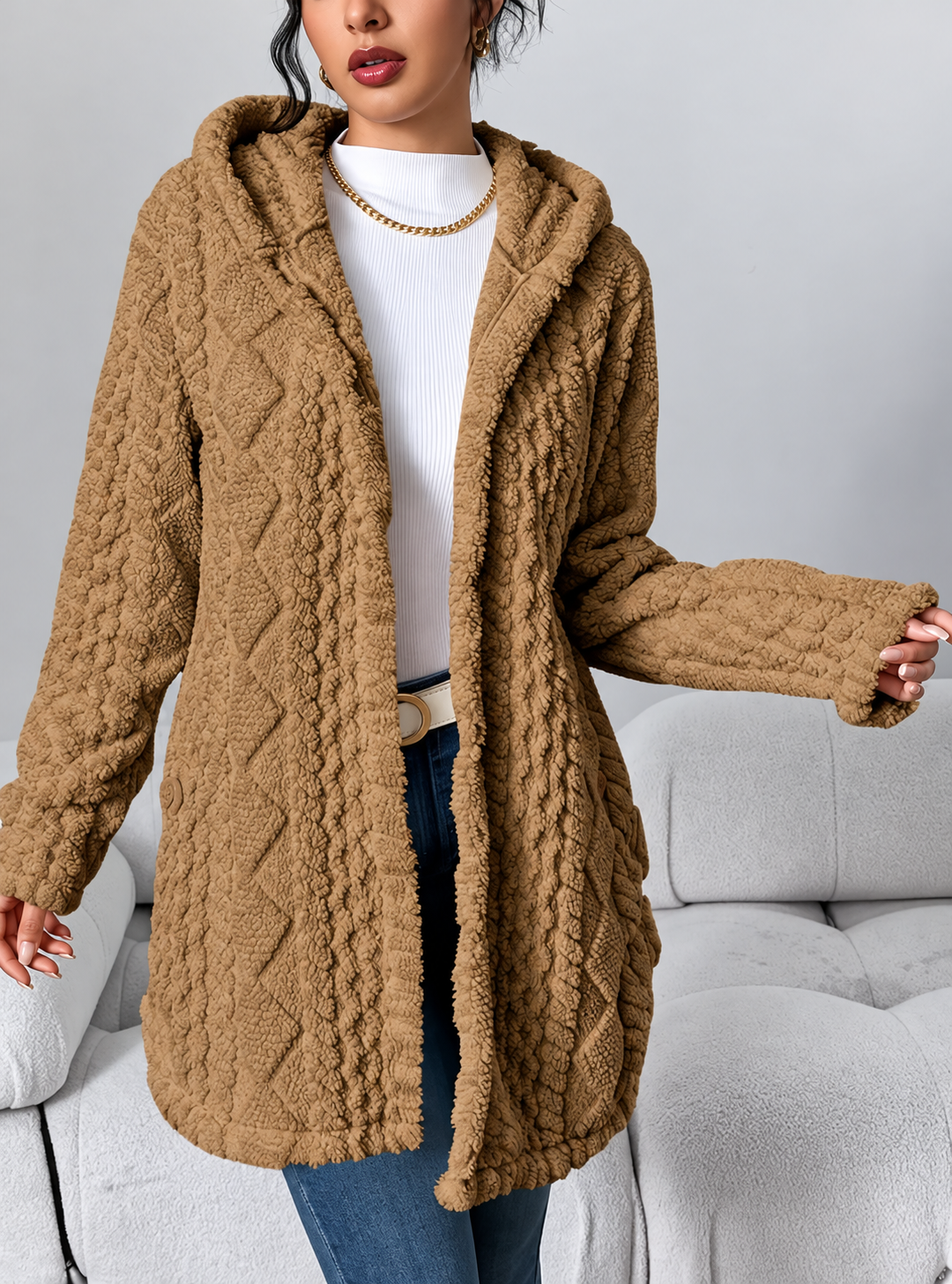 Ravellu women’s hooded textured plush coat — Brown open front