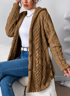 Ravellu women’s hooded textured plush coat — Brown seated view