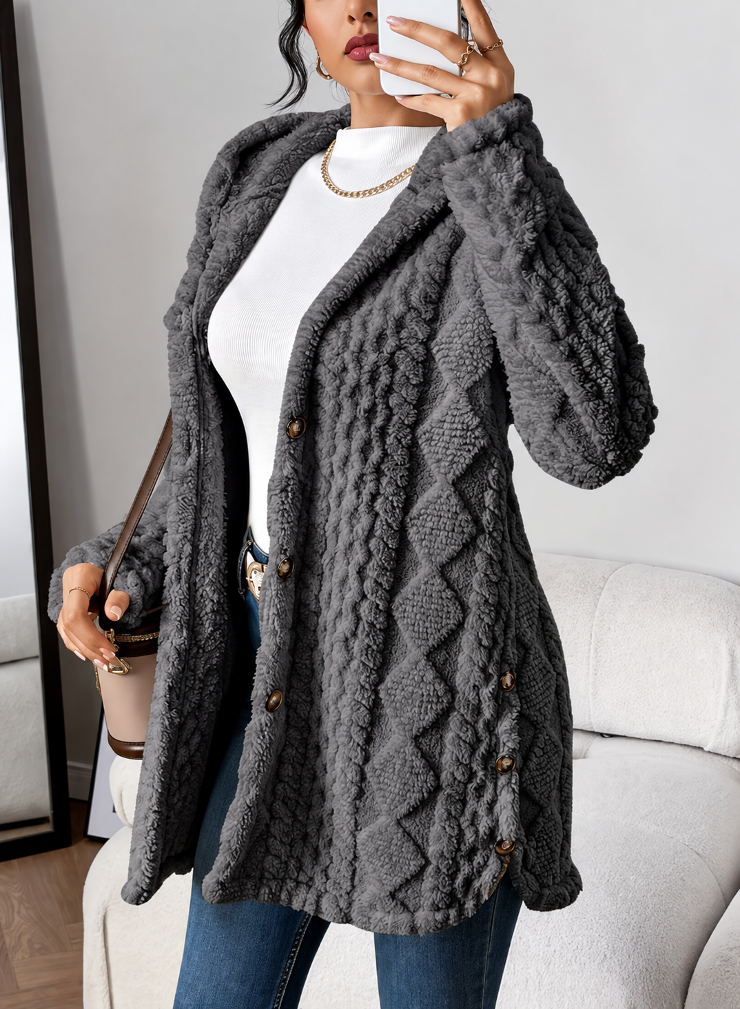 Ravellu women’s hooded textured plush coat — Grey front