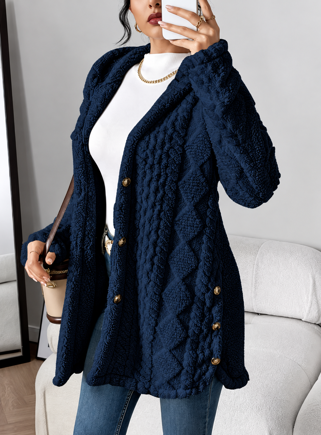 Ravellu women’s hooded textured plush coat — Navy front