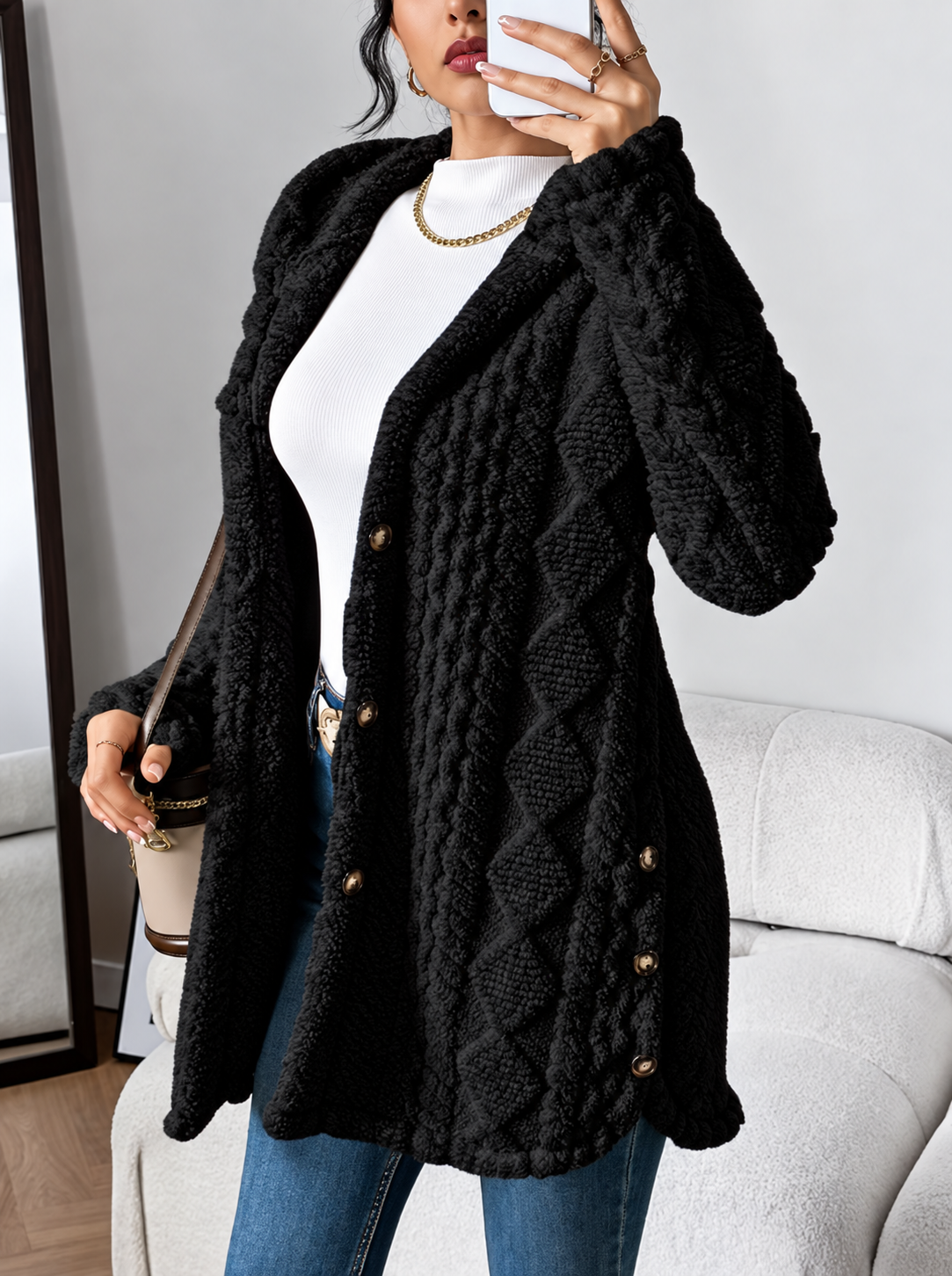 Ravellu women’s hooded textured plush coat — Black front