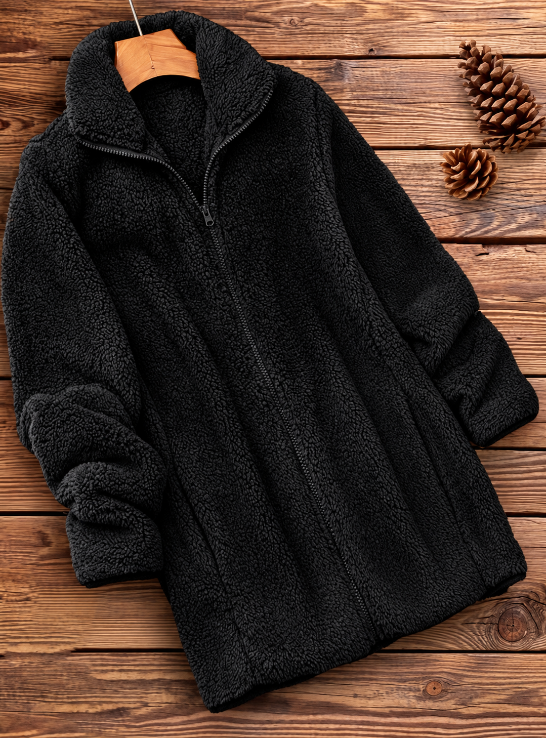 Ravellu women’s plush zip-front coat — Black front