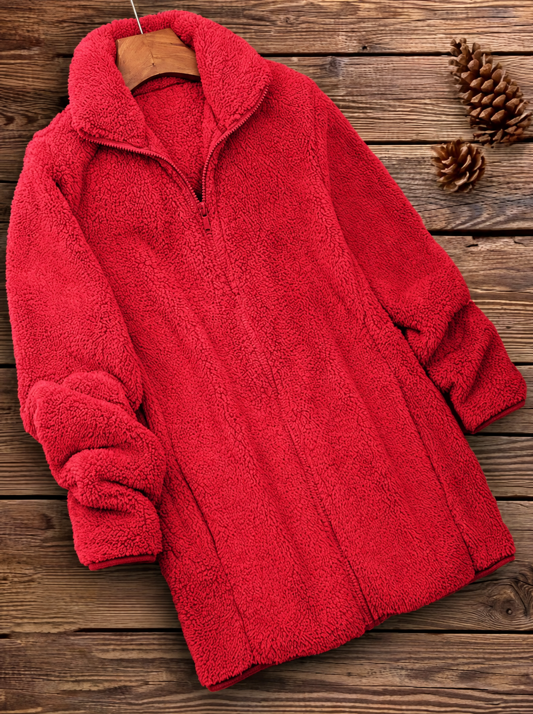 Ravellu women’s plush zip-front coat — Red front
