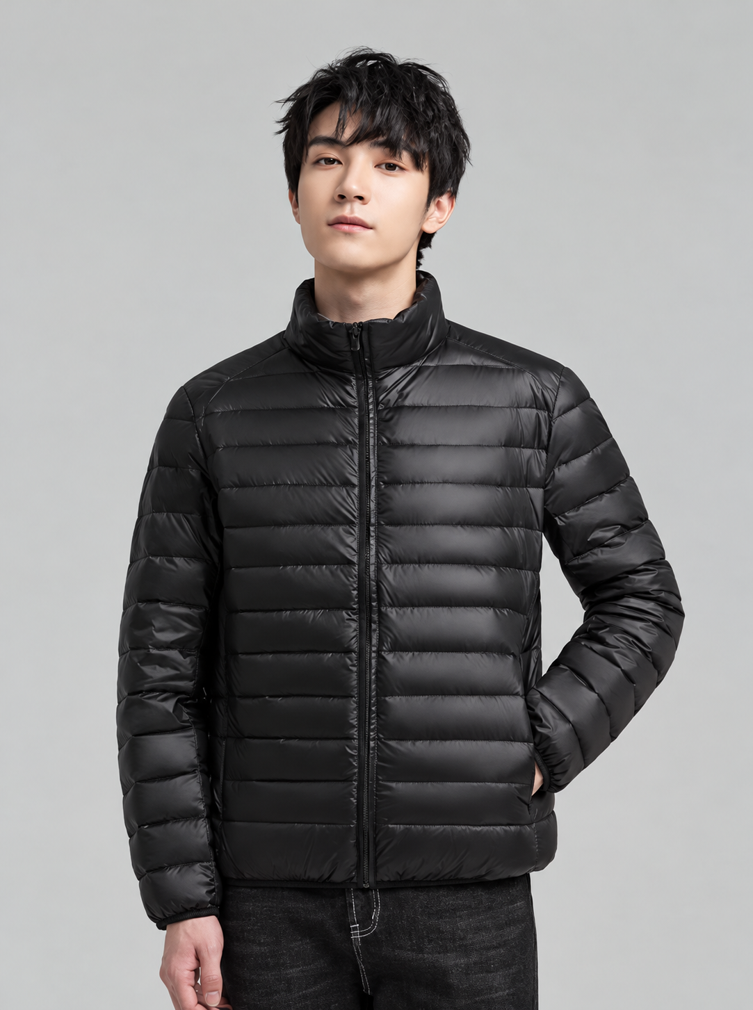 Ravellu quilted stand collar jacket — Black worn