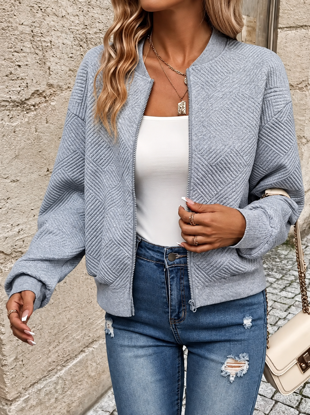 Ravellu women’s textured zip-up jacket — Grey front