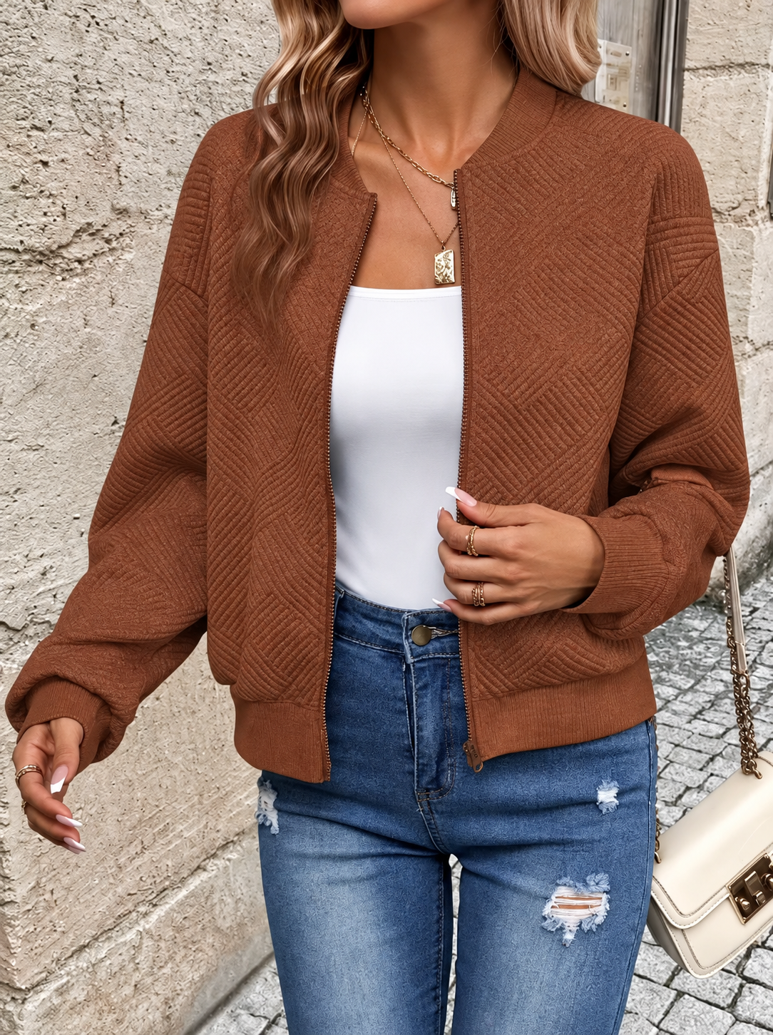Ravellu women’s textured zip-up jacket — Brown front