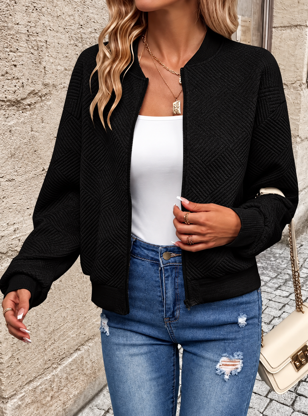 Ravellu women’s textured zip-up jacket — Black front
