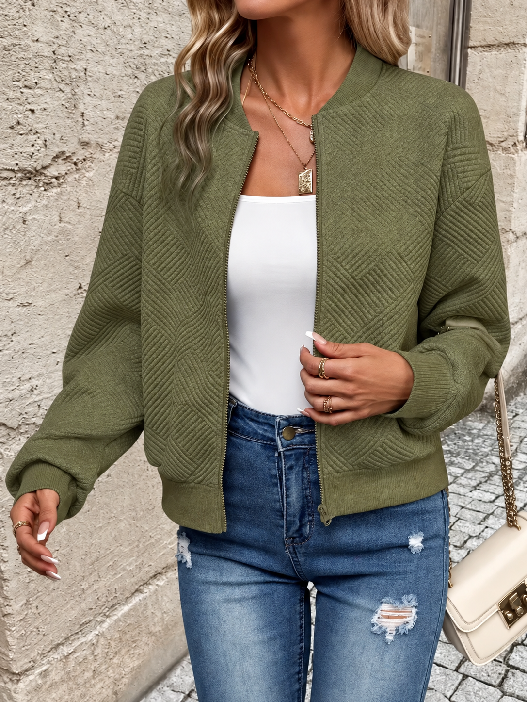 Ravellu women’s textured zip-up jacket — Olive front