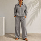 Women's Zip-Collar Two-Piece Set with Wide-Leg Trousers 2