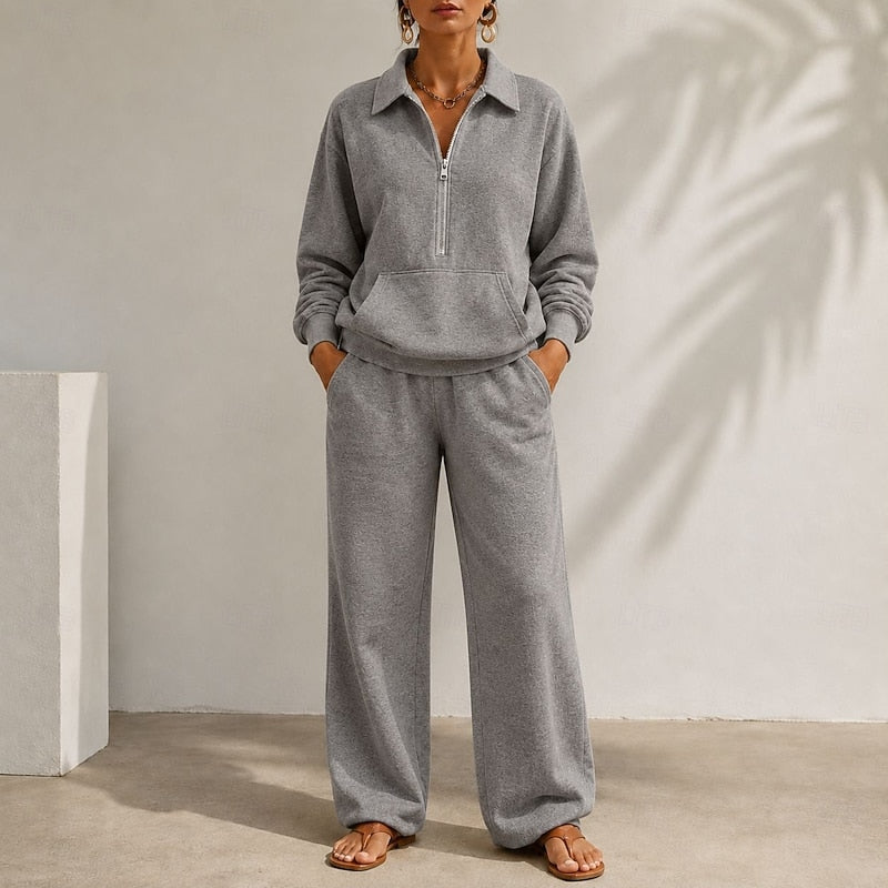 Women's Zip-Collar Two-Piece Set with Wide-Leg Trousers 2