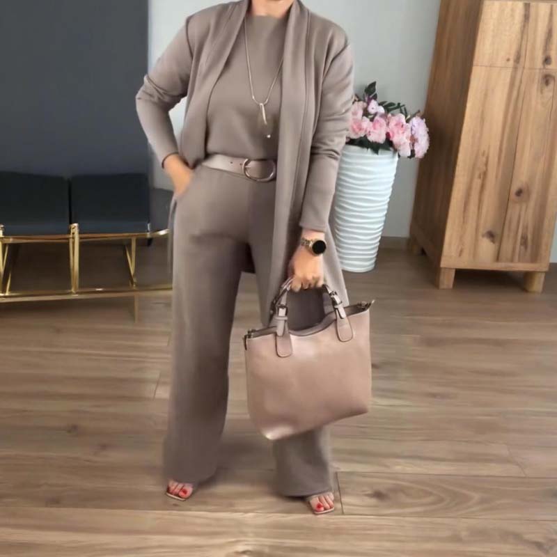 Women's 3-Piece Lounge Set with Long Cardigan and Wide-Leg Pants 12