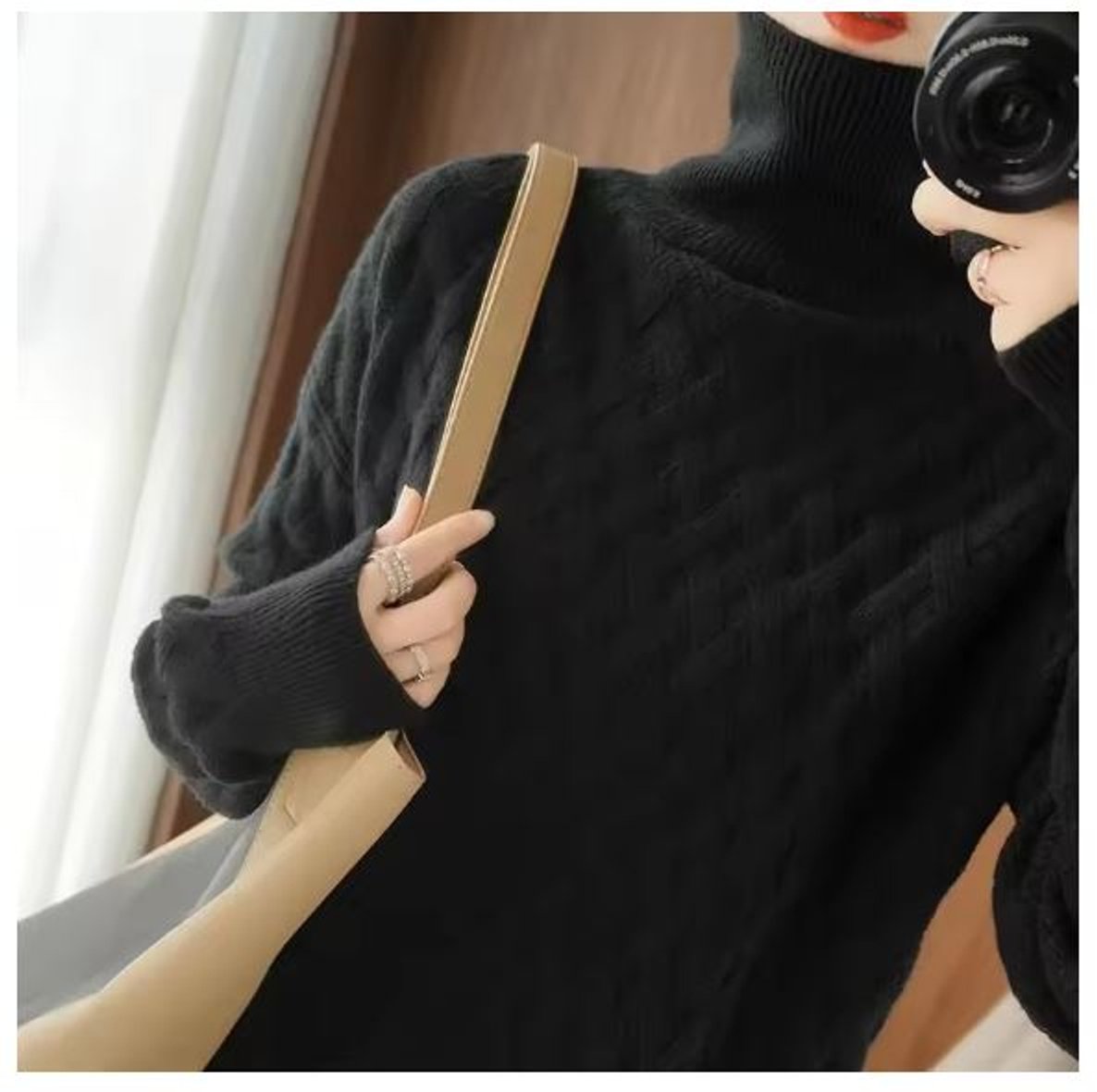 Women's Cable-Knit Turtleneck Sweater in Oversized Fit 3