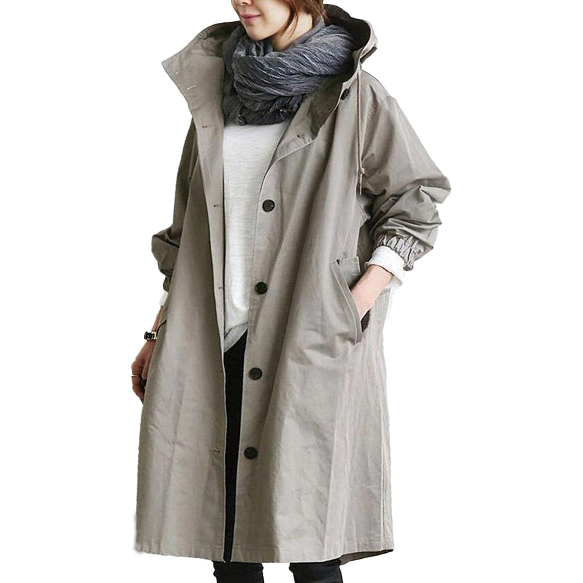 Women's Hooded Raincoat with Button Front and Adjustable Waist 4