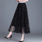 Women's Mesh Overlay Midi Skirt with Floral Appliqué 4