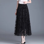 Women's Mesh Overlay Midi Skirt with Floral Appliqué 5