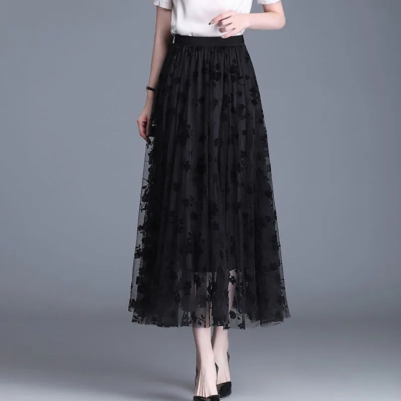 Women's Mesh Overlay Midi Skirt with Floral Appliqué 5