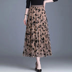 Women's Mesh Overlay Midi Skirt with Floral Appliqué 7