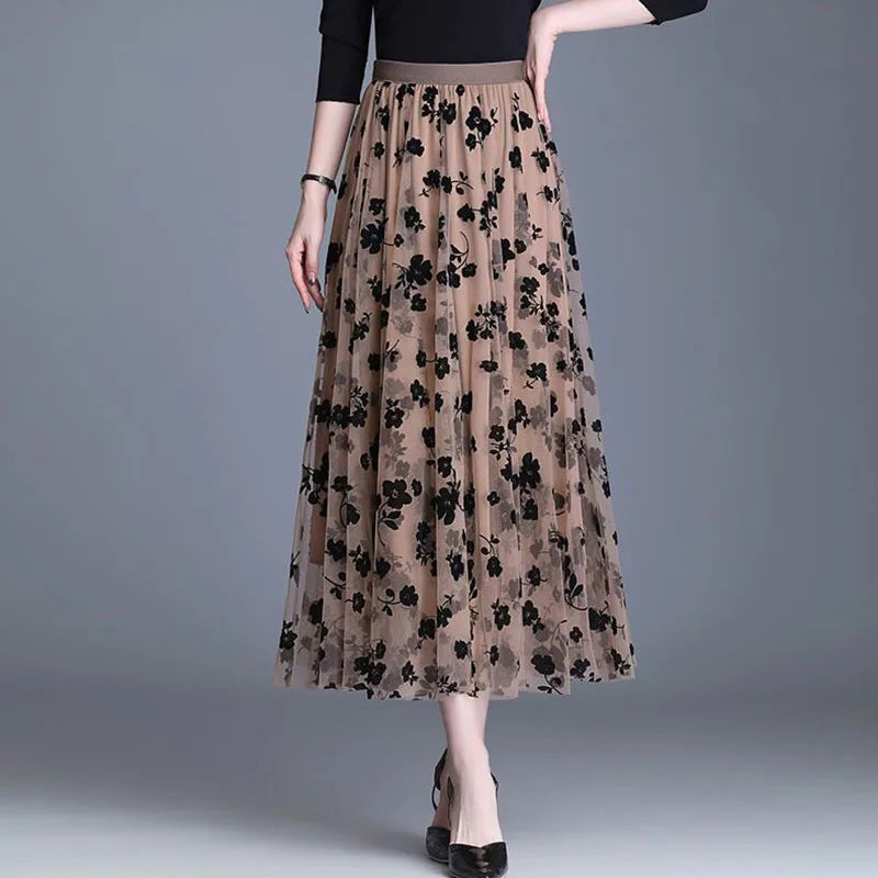 Women's Mesh Overlay Midi Skirt with Floral Appliqué 7