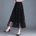 Women's Mesh Overlay Midi Skirt with Floral Appliqué 1