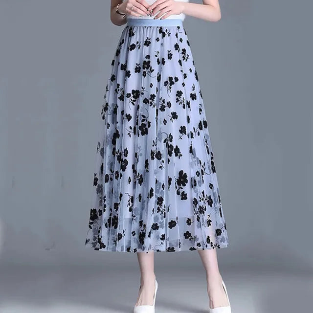 Women's Mesh Overlay Midi Skirt with Floral Appliqué 3
