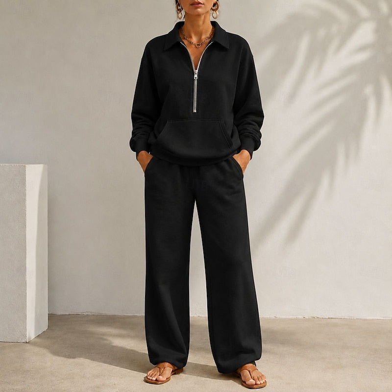 Women's Zip-Collar Two-Piece Set with Wide-Leg Trousers 3